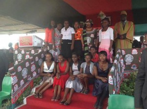 President Banda posing with her beneficiaries at a public rally