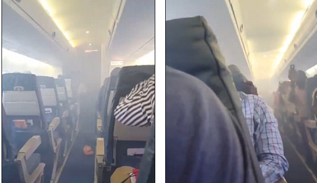 Terrified airline passengers scream and ask for forgiveness from God as smoke fills the plane when engine appears to catch fire