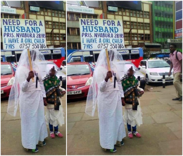 Kenyan single mother takes to the street as she carries a banner to search for husband (Photo)