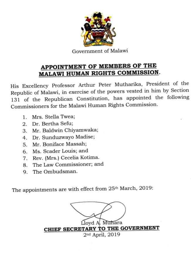 Mutharika appoints members of Malawi Human Rights Commission