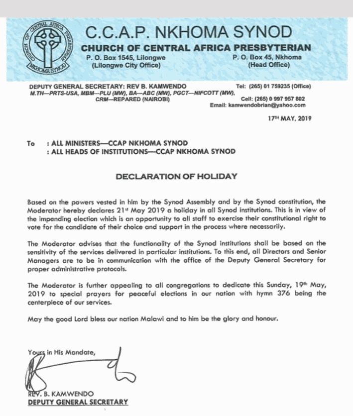 CCAP Nkhoma Synod declares May 21 holiday