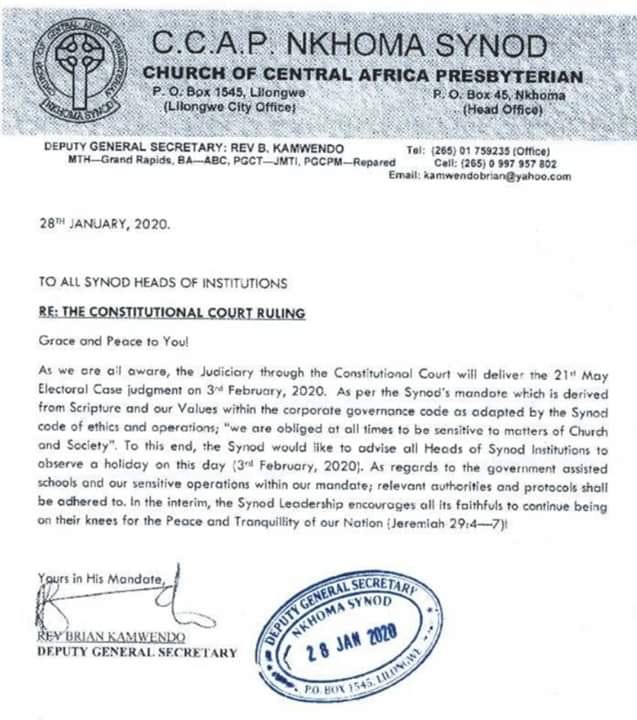 CCAP Livingstonia Synod Advises Its Institutions to Observe a Holiday on February 3 Ahead of ConCourt Ruling