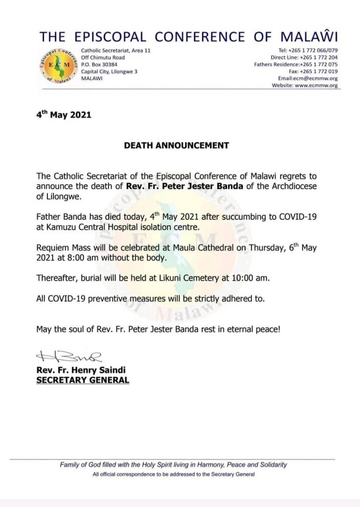 Catholic Priest Rev Peter Jester Banda dies of COVID-19, burial Thursday