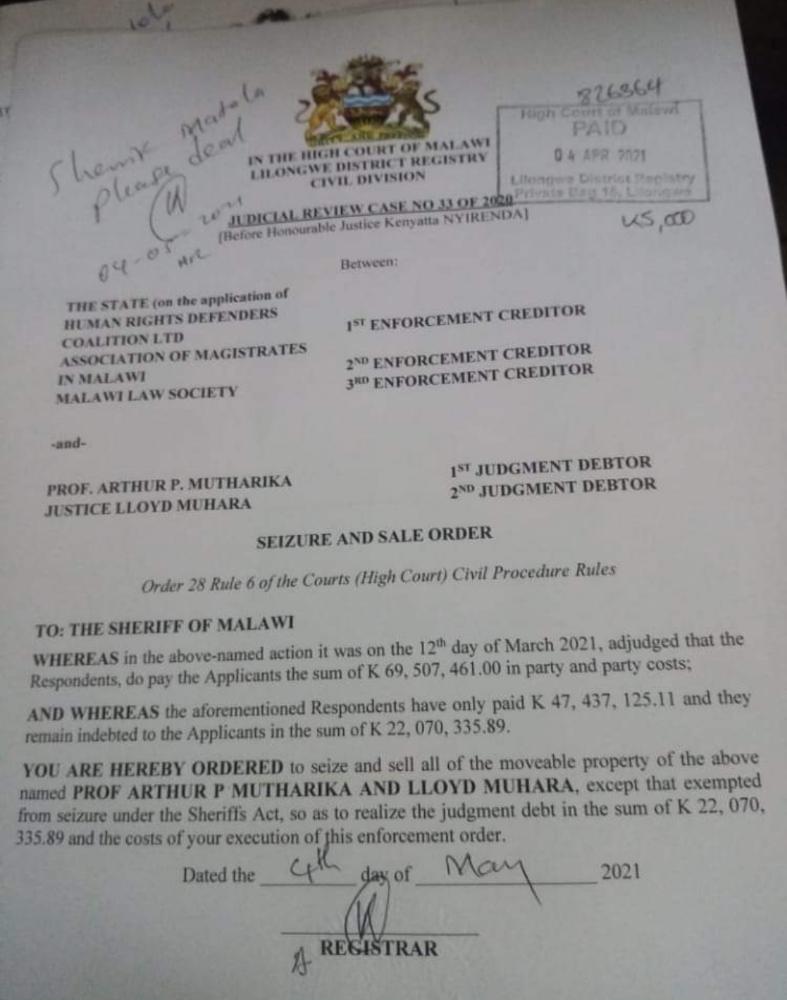 HIGH COURT ORDERS SEIZURE OF MUTHARIKA AND MUHARA’S PROPERTY WORTH K22 MILLION