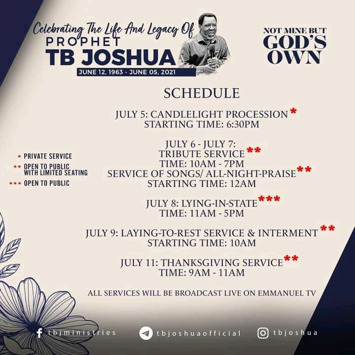 CONFIRMED: SCOAN announces July 9 as Pastor TB Joshua’s burial date