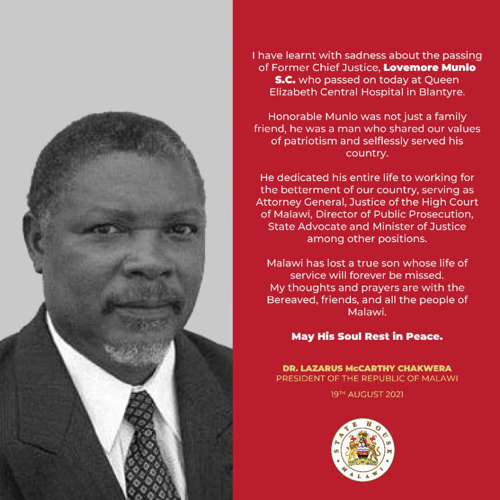 Chakwera pays tribute to Ex-Chief Justice