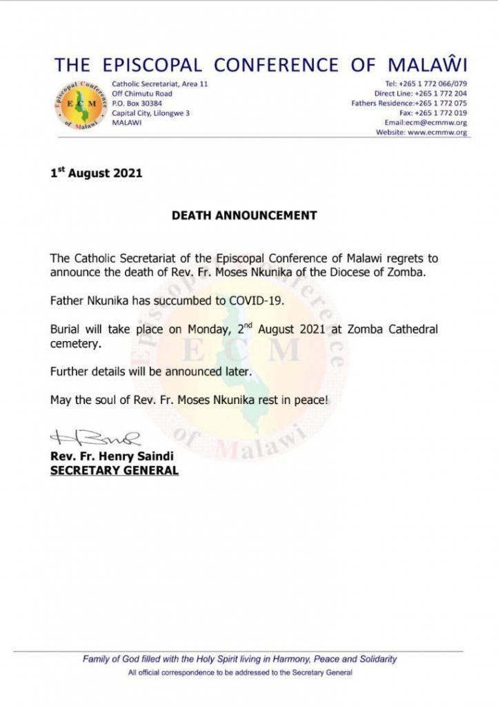 Catholic Priest Moses Nkunika succumbs to COVID-19, burial today