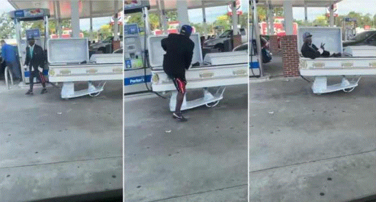 Man spotted fueling up motorized coffin car at filling Station [Watch Video]