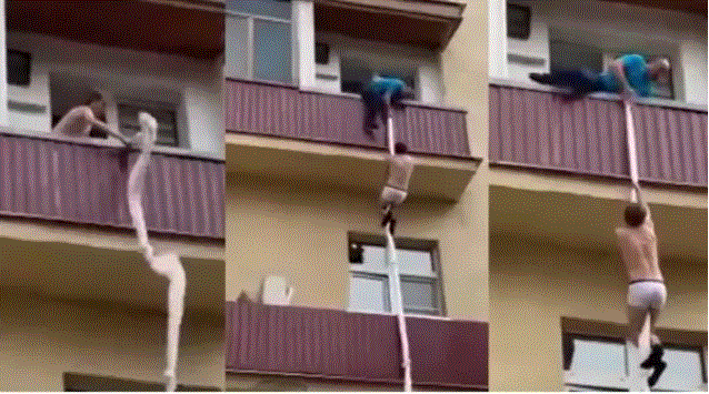 Drama as man tries escaping through window after being caught with another man’s wife (Watch Video)