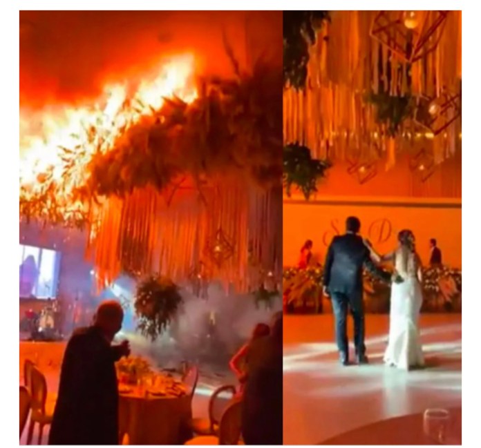 Watch As Wedding Guests Run For Their Lives As Huge Fire Erupts At Wedding Reception While The New Couple Were Having Their First Dance