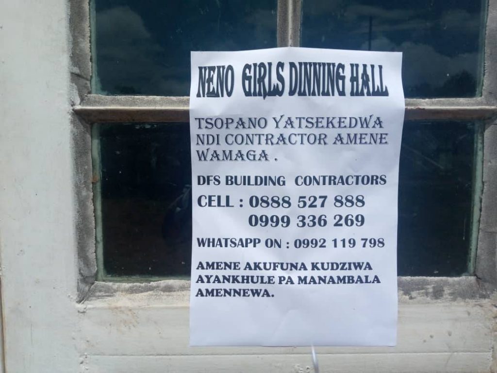 Contractor takes on Blantyre Synod, seals Neno Girls Secondary school dining