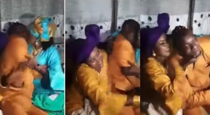 Drama as first wife disrupts husband’s kissing session with second wife during wedding ceremony (Video)