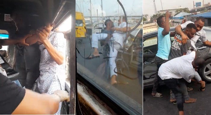 Motorist steps out of his car to join bus conductor and passenger in fighting on the streets of Lagos [Funny video]