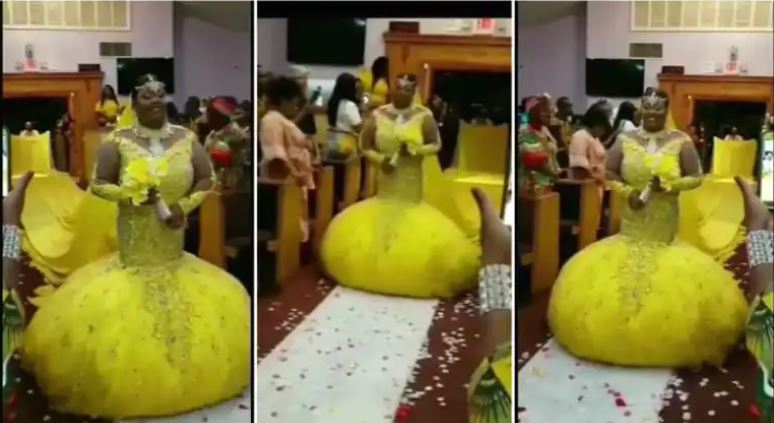 Bride confuses many with her long yellow dress for her wedding (watch video)