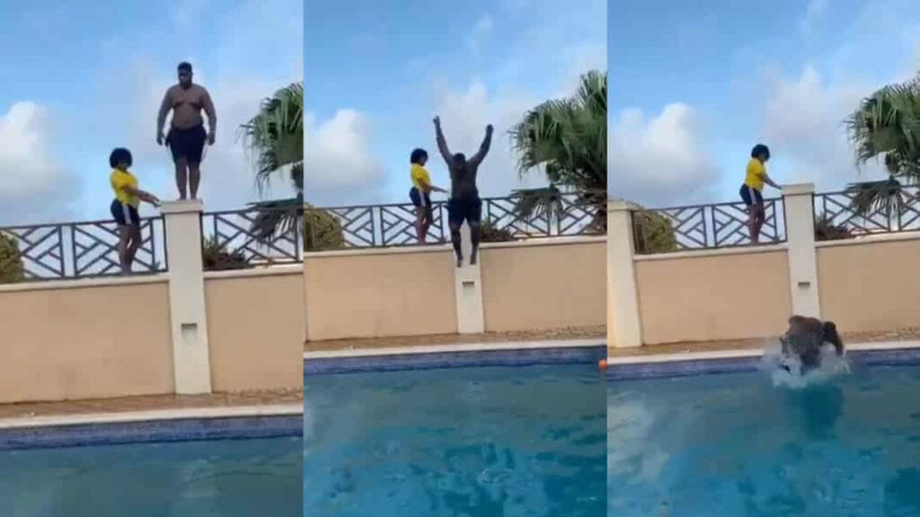 Watch| Drama As Plus-sized man creates a scene after landing awkwardly in a pool (v