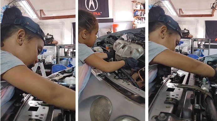 Watch|| Four-year-old girl mechanic goes viral after being filmed repairing car
