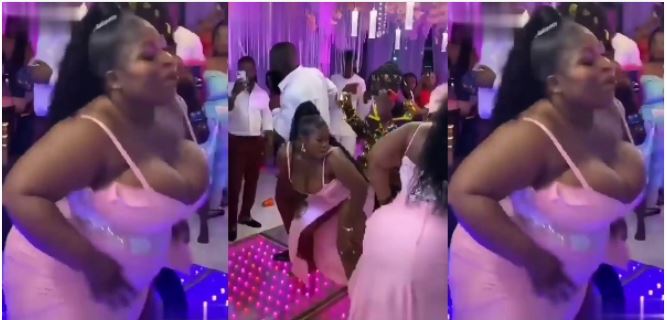 Bridesmaids with big melons steal show at wedding reception as her melons nearly falls (watch video)