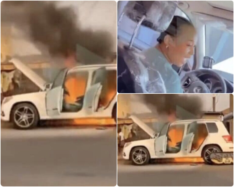 Watch|| Tears As Lady’s Mercedes Benz Burns To Ashes Barely 24 Hours After She Purchased It