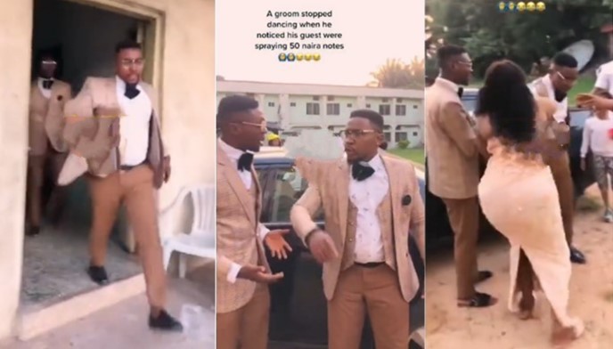 Watch|| Groom stops dancing, storms out in anger because wedding guests were spraying him 50 Naira