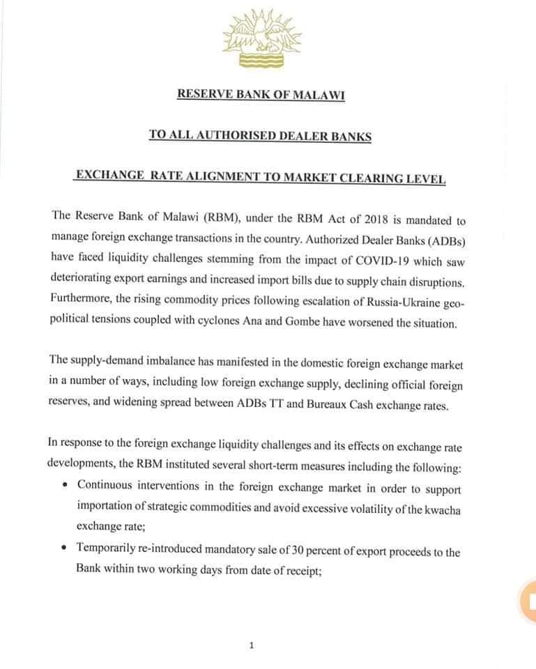 RBM DEVALUES MALAWI KWACHA