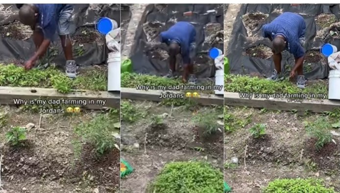 Nigerian Young man cries out as dad wore his Air Jordan sneakers to go farming