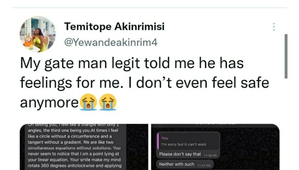 Lady shares love message her gateman sent to her