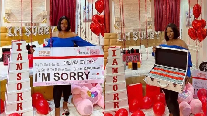 SEE|| Man apologises to his woman with N10m cheque, box of dollars