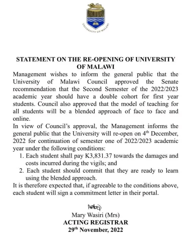 UNIMA students to pay K4000 each for damages