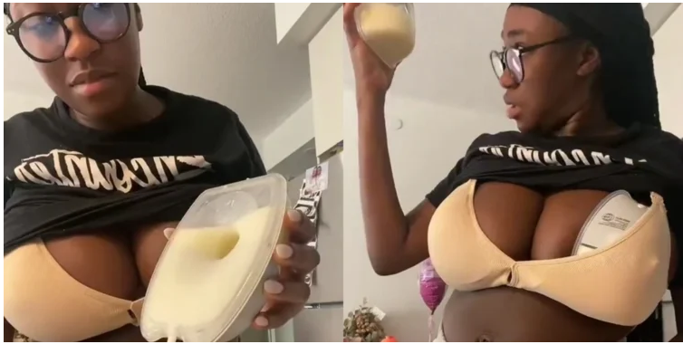 Lady Shocked To See The Amount Of Milk She Collected From Her B@@bs (Watch Video)