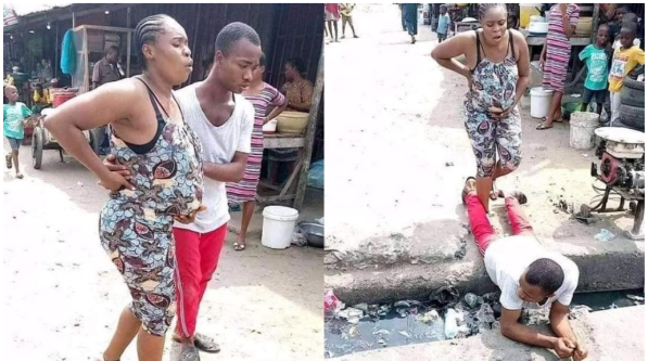 Man Lies On The Gutter For His Pregnant Wife To Walk On Top Him (See Photos)