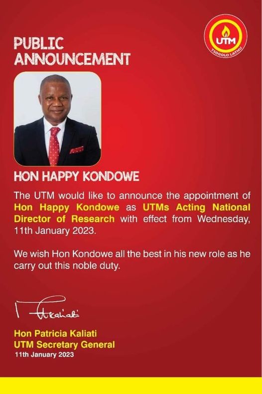 Utm Appoints Happy Kondowe As Acting Director Of Research Face Of Malawi