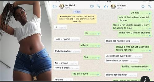 Lady Exposes WhatsApp Chat With Lecturer Who Made Her Fail Ezams After She Refused To Sl££p With Him (Photos)