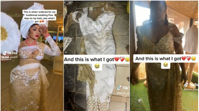 Bride Cries Profusely After Tailor Delivered Botched Dress Just Days To Her Traditional Wedding (Watch Video_