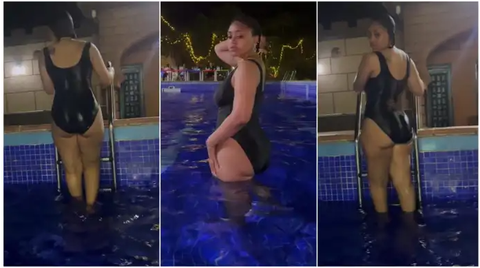 Actress Regina Daniels Leaves Men Sal!vating As She Shares Hot Bikini Video In Swimming Pool (Watch Video)