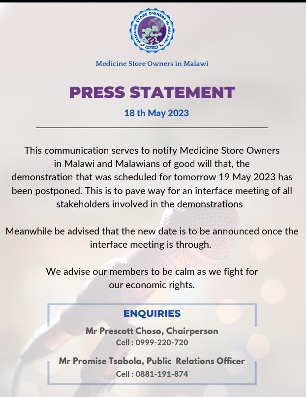 Drugs and Medicine stores owners make a late call suspension of demonstrations