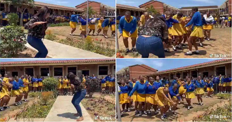 Female Teacher Recorded Dancing With Her Students On The Assembly Ground (Watch Video)