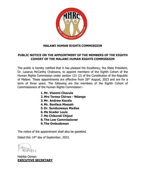 President Chakwera Appoints New Commissioners for Malawi Human Rights Commission