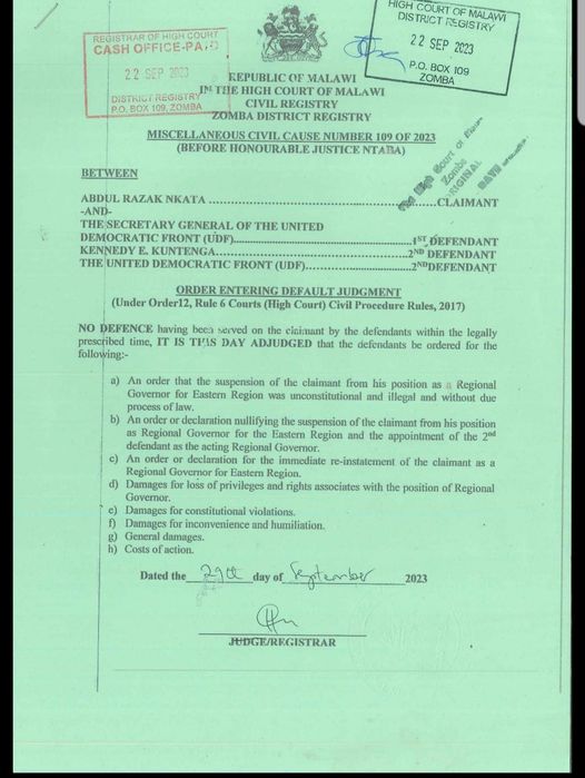 Zomba High Court Orders UDF to Reinstate Suspended Governor Abdul Razak Nkata