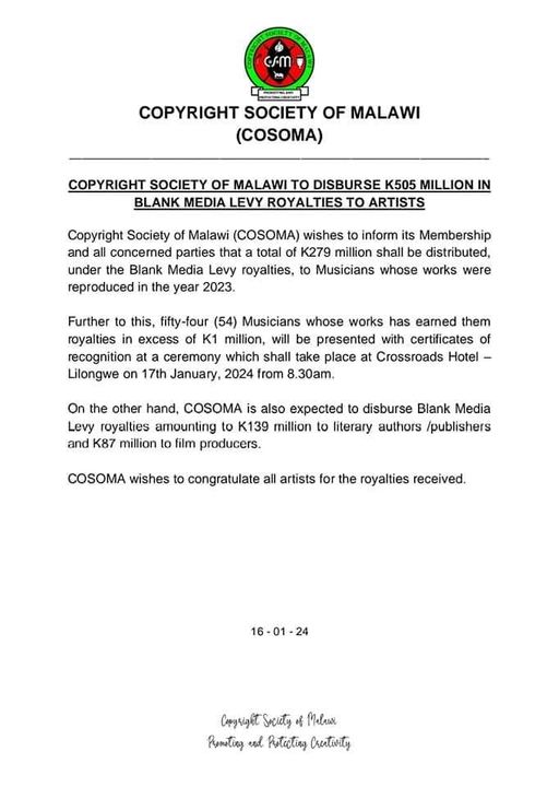 COSOMA to disburse K505 Million in Blank Media Levy loyalties to artist