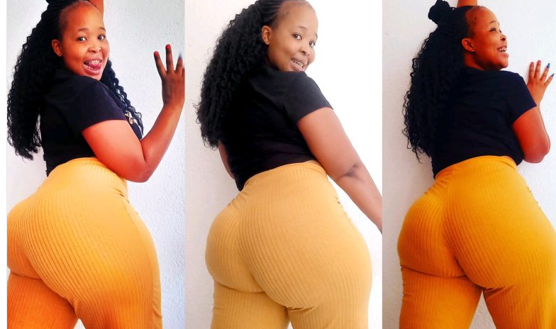 South African woman sets internet ablaze with her big bum bum while in orange leggings (See Photos)