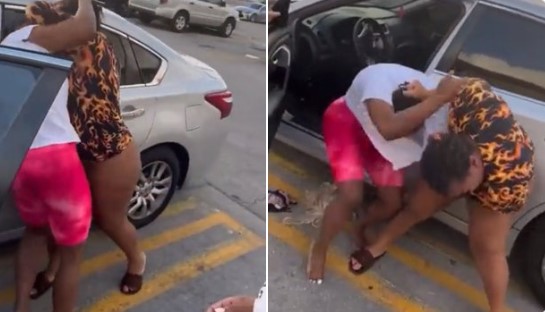 Two Thick Ladies caught fighting over a man at car park, the other lady was fighting while N@ked (Watch Video)