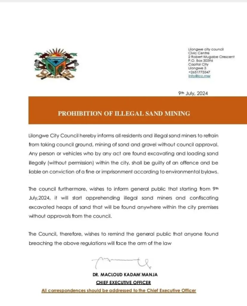 Sand Mining banned in Lilongwe