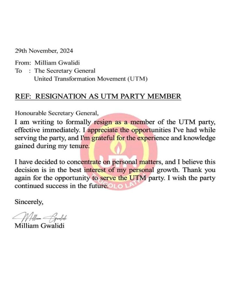 UTM witness in the 2019 Presidential Election Case Milium Gwalidi resigns