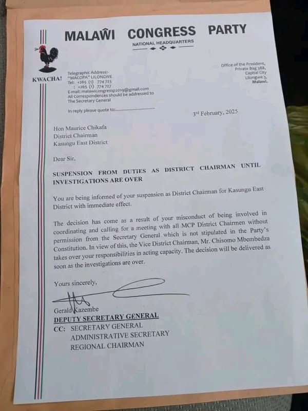 MCP Suspends Kasungu East Chairman Maurice Chikafa Over Unauthorized Meeting