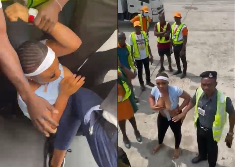 Video of female passenger being forcefully ejected from an Ibom aircraft after clash with air hostess, exposes her milk industry (Watch Video)