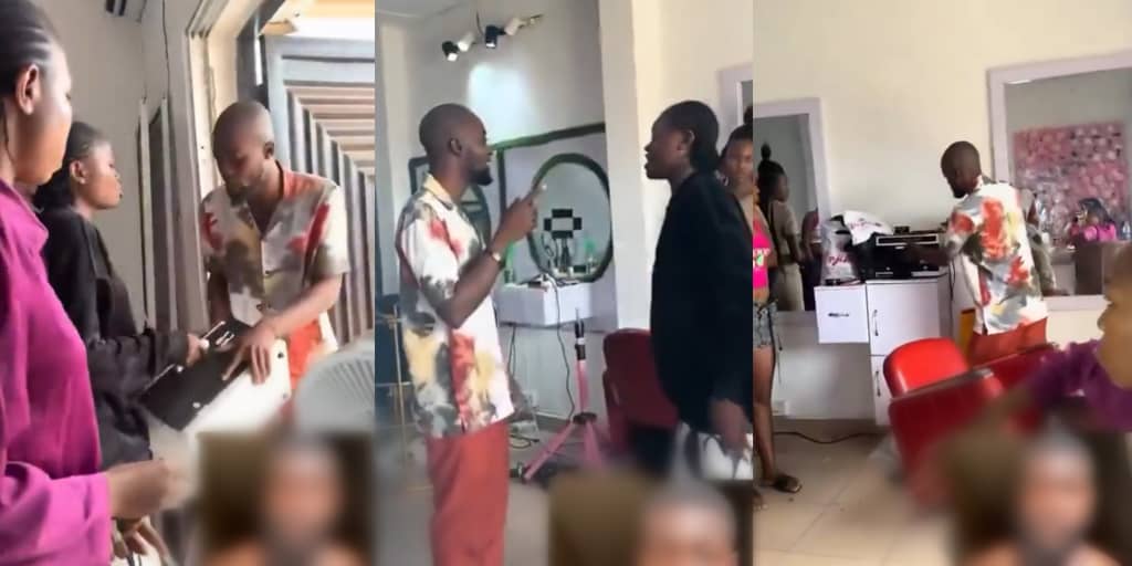 Drama|| Man storms girlfriend’s shop to take back salon he opened two years ago after she cheated (Watch Video)