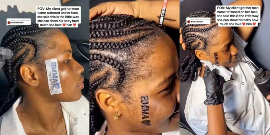 IS This Real Love? Lady gets permanent tattoo of boyfriend’s name on her face to prove love