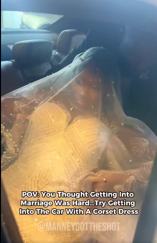 Wedding day drama as bride struggles to fit into car with corset dress (Watch Video)