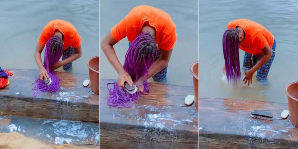 Slay Queen spotted using hard brush to scrub her braids (Watch Video)