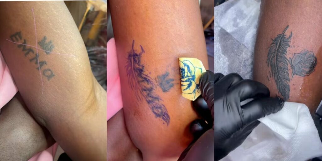 Lady erases boyfriend’s name she tattooed as relationship ends (Watch Video)